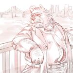 2022 anthro belly bottomwear bridge clothing detailed_background felid furipon hi_res humanoid_hands kemono male mammal necktie outside overweight overweight_male pantherine pants shirt smoking solo tiger topwear 