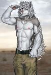  2022 5_fingers anthro canid canine canis day detailed_background digital_media_(artwork) domestic_dog eyebrows eyelashes fingers grey_hair hair heterochromia hi_res male mammal navel nipples outside shirtless sky smile solo variri 