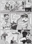 absurd_res anthro beard bodily_fluids bovid caprine clothing comic construction_worker devilchild dialogue facial_hair goat group gus_(peculiart) hat headgear headwear hi_res humor kerchief laugh lizard male mammal monochrome muscular muscular_male peculiart reptile scalie shovel size_difference sweat tail tools trunk work