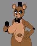  animatronic anthro big_breasts blue_eyes bored_expression bow_tie breasts brown_body clothing female five_nights_at_freddy&#039;s freckles freddy_(fnaf) hand_on_hip hat headgear headwear holding_microphone holding_object machine mammal microphone robot scottgames solo thick_thighs top_hat ursid ursine video_games zhenai 
