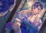  1girl blue_hair blush dutch_angle floral_print hair_tie_in_mouth indoors japanese_clothes kimono light_smile mirror mouth_hold obi original print_kimono purple_eyes sash sleeves_rolled_up solo tying_hair white_kimono wide_sleeves yasumo_(kuusouorbital) 