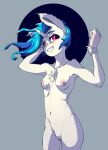  absurd_res anthro anthrofied blue_hair breasts digital_media_(artwork) equid equine eyebrows eyewear featureless_crotch female friendship_is_magic fur hair half-closed_eyes hasbro hi_res holding_object horn humanoid_hands i_love_hurt mammal my_little_pony narrowed_eyes nipples nude small_breasts smile solo standing sunglasses tuft unicorn vinyl_scratch_(mlp) white_body white_fur 