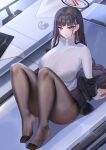  1girl absurdres black_bra black_hair black_pantyhose blazer blue_archive blush bra bralines breasts hair_ornament hairclip halo highres jacket kaijiba large_breasts long_hair looking_at_viewer off_shoulder pantyhose pleated_skirt red_eyes ribbed_sweater rio_(blue_archive) sitting skirt solo sweater turtleneck turtleneck_sweater underwear variant_set white_sweater 