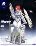  1girl bangs belt bodysuit breasts english_text girls&#039;_frontline gun highres holding holding_gun holding_weapon knee_pads large_breasts plant red_eyes red_hair see-through sitting solar_panel spacesuit ts12_(girls&#039;_frontline) weapon white_bodysuit 