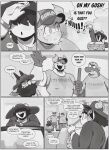 absurd_res angry anthro beard bovid caprine car clothing comic construction_worker devilchild dialogue facial_hair female goat group gus_(peculiart) hair hair_over_eye hat headgear headwear hi_res horn humor jewelry kerchief lizard male mammal monochrome muscular muscular_male peculiart reptile scalie smile sue_(peculiart) tail vehicle