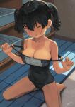  1girl ;p bangs black_hair black_one-piece_swimsuit blush breasts cleavage collarbone commentary_request covered_navel highres kaedeko_(kaedelic) large_breasts looking_at_viewer old_school_swimsuit one-piece_tan one_eye_closed oppai_loli original red_eyes revision sasaki_kanna_(kaedeko) school_swimsuit short_hair signature sitting solo swimsuit tan tanlines tongue tongue_out twintails wariza 