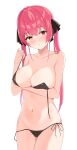  1girl absurdres ass_visible_through_thighs bangs bare_shoulders bikini black_bikini black_ribbon blush breasts collarbone commentary covered_nipples hair_between_eyes hair_ribbon heterochromia highres hololive houshou_marine large_breasts long_hair looking_at_viewer mirai_(mirai_2005) navel parted_lips pink_hair red_eyes ribbon shiny shiny_hair side-tie_bikini_bottom simple_background skindentation solo string_bikini swimsuit thigh_gap thighs untied untied_bikini virtual_youtuber yellow_eyes 