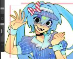  1girl art_program_in_frame black_choker black_eyes blue_dress blue_hair blue_hat bow buttons choker double-breasted double-parted_bangs dress fingernails hair_between_eyes hat hat_bow hatsune_miku looking_at_viewer looking_back mesmerizer_(vocaloid) namw67 open_mouth pinstripe_dress pinstripe_hat pinstripe_pattern red_bow sailor_collar sharp_teeth short_sleeves solo striped_bow symbol-shaped_pupils teeth tongue twintails upper_body upper_teeth_only visor_cap vocaloid wrist_cuffs 