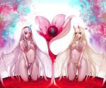  2girls blonde_hair blood breasts demon_girl demon_wings grey_hair hair_censor hair_over_breasts highres horns large_breasts long_hair multiple_girls navel nude one_eye_closed oni original red_eyes single_horn very_long_hair wings wookyung yellow_eyes 