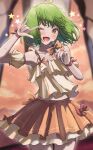  1girl ;d \m/ ahoge arm_up bare_shoulders blurry blurry_background blush brown_skirt camisole commentary_request depth_of_field detached_sleeves fang green_hair highres holding holding_microphone huziko32 looking_at_viewer macross macross_frontier microphone one_eye_closed pleated_skirt puffy_short_sleeves puffy_sleeves ranka_lee red_eyes seikan_hikou short_sleeves skirt smile solo star_(symbol) twintails white_camisole white_sleeves 