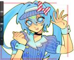  1girl art_program_in_frame black_choker blue_dress blue_eyes blue_hair blue_hat bow buttons choker double-breasted double-parted_bangs dress fingernails hair_between_eyes hat hat_bow hatsune_miku highres looking_at_viewer mesmerizer_(vocaloid) namw67 open_mouth pinstripe_dress pinstripe_hat pinstripe_pattern red_bow sailor_collar short_sleeves solo star-shaped_pupils star_(symbol) striped_bow symbol-shaped_pupils twintails upper_body visor_cap vocaloid wrist_cuffs 