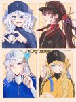 1boy 3girls alternate_costume alternate_ears ayacchirin ball baseball baseball_cap baseball_uniform black_hat blonde_hair blue_eyes blue_hair blue_hat blue_nails blue_shirt blush bow braid brown_hair brown_hat brown_shirt closed_mouth drill_hair earrings flower_earrings furina_(genshin_impact) genshin_impact hair_between_eyes hair_bow hair_ornament hair_ribbon hat hat_ornament heart heart_hands heterochromia highres holding holding_ball hu_tao_(genshin_impact) jewelry long_hair long_sleeves looking_at_viewer multicolored_hair multiple_girls navia_(genshin_impact) neuvillette_(genshin_impact) one_eye_closed open_mouth ponytail purple_eyes red_eyes red_shirt ribbon shirt smile sportswear streaked_hair symbol-shaped_pupils teeth turtleneck very_long_hair visor_cap white_hair yellow_bow yellow_ribbon yellow_shirt 