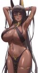  1girl absurdres animal_ears areola_slip armpits arms_behind_head arms_up bangs bare_shoulders biya_(1024) black_hair blue_gemstone blush breasts cleavage dark-skinned_female dark_areolae dark_skin egyptian_clothes gem highres jackal_ears large_breasts long_hair looking_at_viewer navel open_mouth original pelvic_curtain revealing_clothes shiny shiny_skin smile solo thighs very_long_hair yellow_eyes 
