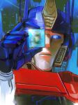  2boys blue_eyes blue_sclera colored_sclera commentary d-16 d-16_(transformers_one) english_commentary glint highres looking_at_viewer male_focus mecha multiple_boys optimus_prime optimus_prime_(transformers_one) portrait reflection robot s5-hvs1 smile transformers transformers_one yellow_eyes 