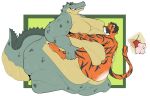  alligator alligatorid anthro balls_deep belly_fucking big_butt bodily_fluids butt caring crocodilian duo electro_tiger felid hi_res leg_grab looking_pleasured male male/male mammal moob_suck obese overweight pantherine penetration reptile scalie size_difference smokii sweat thick_tail tiger 
