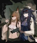  2girls animal_ears arknights bandages bare_shoulders black_hair blue_shirt braid brown_eyes brown_hair cat_ears chest_sarashi commentary eyepatch eyewear_on_head fedora fox_ears franka_(arknights) franka_(ride_to_davistown)_(arknights) grey_eyes gun handgun hat highres holding holding_gun holding_weapon jacket jessica_(arknights) jessica_the_liberated_(arknights) jessica_the_liberated_(ride_to_davistown)_(arknights) let_the_bullets_fly long_hair midriff multiple_girls navel official_alternate_costume potettoe round_eyewear sarashi shirt smile stomach strapless sunglasses tube_top twin_braids very_long_hair weapon white_hat white_jacket 