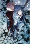  2boys bangs black_gloves blue_hair cape capelet commentary commentary_request cu_chulainn_(caster)_(fate) cu_chulainn_(fate) duplicate earrings emiya_shirou fate/grand_order fate_(series) fingerless_gloves from_above fur-trimmed_hood fur_trim gloves holding holding_sword holding_weapon hood hooded_capelet igote japanese_clothes jewelry long_hair looking_at_viewer male_focus multiple_boys orange_hair pixel-perfect_duplicate red_eyes red_hair sei_8220 senji_muramasa_(fate) short_hair smile spiked_hair staff sword weapon yellow_eyes 