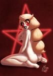  big_butt blonde_hair breasts butt charlie_morningstar demon demon_humanoid female hair hazbin_hotel hi_res humanoid looking_at_viewer looking_back moonpill nipples nude open_mouth open_smile red_eyes simple_background smile solo teeth thick_thighs tongue white_body 