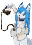  absurd_res anthro beverage blue_hair breasts canid canine clothed clothing coffee coffee_mug collar digital_media_(artwork) female fur gravity green_eyes hair hi_res holding_object inner_ear_fluff kemokin_mania looking_at_viewer mammal physically_impossible shirt simple_background smile solo topwear tuft white_background white_body white_fur 