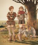  1boy 1girl ankle_boots armor autumn_leaves axe bangs belt belt_pouch boobplate book boots bow bowtie braid brown_eyes brown_footwear brown_hair brown_jacket brown_shorts brown_thighhighs bush carrying carrying_under_arm chest_belt clear_sky collared_shirt commentary crown_braid day eye_contact faulds full_body gauntlets glasses grass greaves hatching_(texture) headwear_removed helm helmet helmet_removed highres holding holding_axe holding_book holding_helmet horizon ivy jacket juliet_sleeves kuroimori long_hair long_sleeves looking_at_another open_mouth original outdoors pouch puffy_sleeves red_bow red_bowtie red_scarf rock round_eyewear scarf shadow shirt short_hair shorts side_braid signature sky smile standing suspender_shorts suspenders symbol-only_commentary thigh_strap thighhighs tree twin_braids 