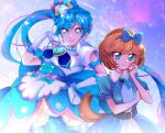  2girls absurdres animal_ears apron ascot belt blue_bow blue_eyes blue_hair bow brooch brown_hair closed_mouth cowboy_shot cure_spicy delicious_party_precure dog_ears dog_tail earrings elbow_gloves fuwa_kokone gloves hair_bow hair_rings hand_on_hip heart_brooch highres jewelry long_hair looking_at_viewer magical_girl mitsuki_tayura multicolored_hair multiple_girls pam-pam_(precure) pam-pam_(precure)_(human) pink_bow pink_hair precure purple_background short_hair smile standing tail two-tone_hair white_apron white_gloves 
