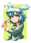  1girl blue_hair carte cropped_torso duplicate grin hair_bobbles hair_ornament highres holding holding_wrench kawashiro_nitori key long_sleeves looking_at_viewer pixel-perfect_duplicate smile solo sparkle touhou two_side_up upper_body v-shaped_eyebrows wrench 