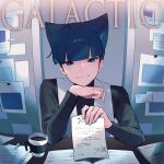  1boy bangs black_shirt blue_eyes blue_hair blunt_bangs closed_mouth coffee cup hands_up holding long_sleeves looking_at_viewer male_focus papers pokemon pokemon_(game) pokemon_dppt sa9no saturn_(pokemon) shirt short_hair smile solo team_galactic team_galactic_uniform vest 