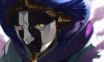  bleach blue_hair demon_horns facepaint faceplate fog horns ibuo_(ibukht1015) kurotsuchi_mayuri male_focus solo_focus white_background yellow_eyes 