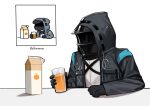  1other arknights black_gloves carton coat cup doctor_(arknights) gloves highres holding holding_cup hood hood_up hooded_coat mask open_clothes open_coat orange_juice oxy_ho2 reference_inset simple_background solo upper_body white_background 