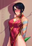  1girl absurdres akali arm_tattoo arms_behind_back artist_name black_hair blush breasts china_dress chinese_clothes cleavage_cutout clothing_cutout commentary cowboy_shot dress english_commentary highleg highleg_dress highres league_of_legends looking_at_viewer medium_breasts no_panties qt0ri red_eyes shadow short_hair sleeveless solo sweat tattoo watermark 