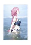  1girl bangs bikini blue_bikini blurry blurry_background border breasts closed_eyes closed_mouth genshin_impact highres long_hair medium_breasts ocean pale_skin partially_submerged pink_hair profile reflection reflective_water refraction solo standing swimsuit white_border yae_miko yang_lizi 