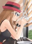  1girl blinds blush breasts brown_hair commentary_request cup eyelashes from_side grey_eyes hands_up hat highres holding holding_cup indoors long_hair mega_ring milk_carton pink_headwear pokemon pokemon_(game) pokemon_xy ririmon saucer serena_(pokemon) shirt sleeveless sleeveless_shirt solo steam sunglasses table white-framed_eyewear window 