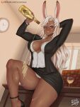  1girl alcohol animal_ears arm_behind_head artist_name biceps blue_eyes blush breasts commission dark-skinned_female dark_skin drunk ecchisage english_commentary facial_mark fang feet_out_of_frame formal from_below grin high_heels highres large_breasts long_hair looking_at_viewer nose_blush original panties panty_peek pencil_skirt rabbit_ears scar scar_on_leg skirt smile solo unbuttoned unbuttoned_shirt underwear white_hair white_nails 