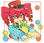  1girl black_necktie border collared_shirt drill_hair gloves hat highres inset_border kasane_teto kepi looking_at_viewer mesmerizer_(vocaloid) military_hat namw67 necktie open_mouth red_border red_eyes red_hair shirt short_sleeves smiley_hat_ornament solo star-shaped_pupils star_(symbol) suspenders symbol-shaped_pupils twin_drills utau wing_collar 