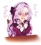  1girl bare_shoulders black_gloves chair crying crying_with_eyes_open dress drill_hair gloves hair_ribbon handkerchief hyakumantenbara_salome juliet_sleeves long_hair long_sleeves mamyouda nijisanji puffy_sleeves purple_eyes purple_hair purple_ribbon red_dress ribbon solo table tears virtual_youtuber white_background 