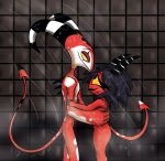 anthro black_hair blitzo_(helluva_boss) breasts claws demon detailed_background duo female hair helluva_boss hi_res horn humanoid humanoid_on_anthro imp love male male/female millie_(helluva_boss) red_body red_eyes shower showering thick_thighs thunderlanegor1 water 