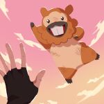  1other arm_up bidoof black_eyes black_gloves canty! cloud commentary_request fingerless_gloves gloves highres outdoors pokemon pokemon_(creature) scratches sky 