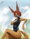  2022 5_fingers absurd_res anthro artist_name black_clothing black_nose blulesnsfw breasts canid canine cheek_tuft claws cleavage clothed clothing crossed_legs digital_media_(artwork) facial_tuft female fingers fox fur hair half-closed_eyes hi_res leotard looking_at_viewer mammal mya_(blulesnsfw) narrowed_eyes open_mouth orange_body orange_fur outside red_hair seductive short_hair signature sitting smile solo tan_body tan_fur tuft unzipping 
