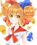  1girl bangs blue_bow blunt_bangs blush bow breasts closed_mouth commentary_request double_bun expressionless gourd hair_bow hair_bun highres horns ibuki_suika looking_at_viewer lotus_eaters neckerchief one-hour_drawing_challenge orange_eyes orange_hair red_bow red_neckerchief shirt short_hair sleeveless sleeveless_shirt slit_pupils small_breasts solo touhou upper_body white_background white_shirt yugaosora23 