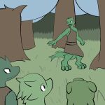  2014 ambiguous_gender anthro clothed clothing digital_drawing_(artwork) digital_media_(artwork) grass green_body green_skin group horn kobold lagotrope lizard plant pupils reptile scalie shirt slit_pupils story story_at_source story_in_description tgchan toga topwear tree yelling 