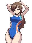  1girl armpits arms_up blue_one-piece_swimsuit breasts brown_eyes brown_hair covered_navel cowboy_shot idolmaster idolmaster_cinderella_girls large_breasts long_hair multicolored_clothes multicolored_swimsuit nitta_minami official_alternate_costume pataneet simple_background solo standing swimsuit white_background 