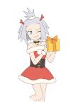  1girl alternate_costume bare_shoulders bell black_choker box choker collarbone commentary_request dress gift gift_box grey_hair hair_ornament hair_scrunchie hands_up highres holding holding_gift jiang_jiang_(swpv5248) medium_hair neck_bell off-shoulder_dress off_shoulder pokemon pokemon_bw2 red_dress roxie_(pokemon) santa_costume santa_dress scrunchie short_dress simple_background solo topknot white_background 