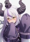  1girl absurdres black_horns blush braid braided_bangs commentary_request crow_(la+_darknesss) demon_girl demon_horns fang grey_hair highres hololive horns la+_darknesss long_hair multicolored_hair pointy_ears purple_hair purple_horns sleeves_past_fingers sleeves_past_wrists slit_pupils solo streaked_hair striped_horns tail very_long_hair virtual_youtuber yellow_eyes yukikawa_sara 