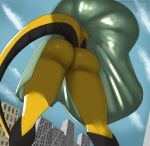 anthro big_butt black_body bottomless bottomless_female butt circe_(ruanshi) clothed clothing dress exposed faceless_character faceless_female female genitals hi_res low-angle_view pussy reptile ruanshi scalie snake solo spring_(season) sundress upskirt wind yellow_body