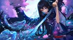  1girl artist_name black_hair blue_eyes cherry_blossoms clip_studio_paint_(medium) closed_mouth commentary copyright_logo english_commentary facing_viewer falling_petals floral_print flower foliage full_moon guest_art hair_between_eyes holding holding_sword holding_weapon hyanna-natsu japanese_clothes katana kimono koi lake lily_pad long_hair looking_at_viewer moon moon_behind_head moonlight night night_sky nyfter original petals photoshop_(medium) purple_kimono signature sky solo star_(sky) starry_sky sword tree two-handed upper_body very_long_hair wading water_drop water_elemental water_lily_flower weapon 