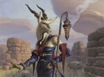  5_fingers antelope anthro blue_clothing bovid bovine bracelet breasts brick_wall brown_eyes censer clothing cloud exposed_shoulder extended_arm female fingers fur grass hand_on_hip hasbro hi_res holding_object horn jewelry kudu lamp lantern magic:_the_gathering mammal mark_zug midriff official_art outside plant ruin ruins signature sky smoke solo spiral-horned_antelope tan_body traditional_media_(artwork) wall_(structure) white_body white_fur wizards_of_the_coast zedruu 