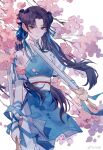  1girl black_hair blue_dress bug butterfly cherry_blossoms closed_mouth commission daylight919 double_bun dress dual_wielding expressionless hair_bun hair_tie highres holding holding_sword holding_weapon long_hair reverse_grip solo sword twintails upper_body watermark weapon white_background xian_jian_qi_xia_zhuan_(series) zhao_linger 