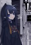  1girl absurdres bags_under_eyes black_hair blue_eyes casual choker earrings english_text highres hololive hololive_english hood hoodie jewelry long_hair looking_at_viewer mentally_deficient ninomae_ina&#039;nis photo_background pointy_ears solo subway_station virtual_youtuber 