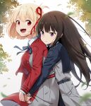  2girls :&lt; absurdres akane_(akaneoekaki0928) belt blonde_hair blue_belt blue_dress blue_ribbon blurry blush bob_cut brown_hair depth_of_field dress grey_dress hair_ribbon highres hug hug_from_behind inoue_takina jacket light_blush long_hair lycoris_recoil lycoris_uniform medium_hair multiple_girls neck_ribbon nishikigi_chisato pleated_dress purple_eyes red_belt red_dress red_eyes red_jacket red_ribbon ribbon shirt two-tone_dress white_shirt yuri 