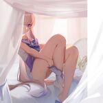  1girl absurdres bangs bare_legs blue_bow bow character_doll genshin_impact gradient_hair highres long_hair looking_at_viewer multicolored_hair newflame on_bed pink_hair purple_eyes purple_hair putting_on_legwear sangonomiya_kokomi sitting smile solo two-tone_hair 